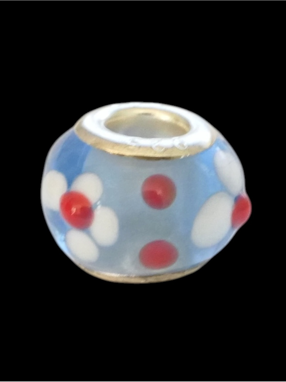 Sterling Blue Glass Flower Bead Charm - Red & White Accent - Picture 2 of 3